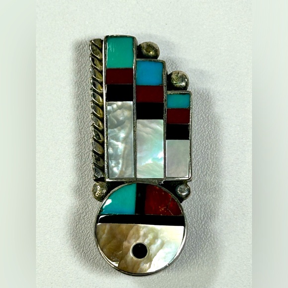 RARE Vintage Zuni Signed Julie O Lahi Inlay Sun Face Pendant Brooch Sterling 925 - Picture 1 of 7